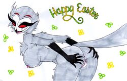 anthro anus ass ass_grab avian bird black_fur breasts claws demon egg female female_only female_stolas fluffy fluffy_tail genitals grey_fur helluva_boss mature_female milf nipples open_mouth open_smile owl owl_demon pussy red_eyes rule_63 skeleslay solo stolas_(helluva_boss) tongue traditional_media_(artwork) two_tone_fur white_background