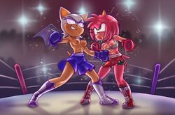 2girls abs amy_rose anthro aoncyth arena bat_wings blue_boxing_gloves blue_gloves bodily_fluids boots bottomwear boxing boxing_gloves boxing_ring boxing_shorts breasts catfight chiropteran clothed clothing duo eulipotyphlan exposed_breasts female female/female female_only fight fighting_ring footwear furry gloves gut_punch handwear hedgehog hi_res mammal membrane_(anatomy) membranous_wings punch red_boxing_gloves red_gloves rouge_the_bat sega shorts smile smirk sonic_(series) sonic_the_hedgehog_(series) sport sweat topless topless_boxing wide_hips wings yuri