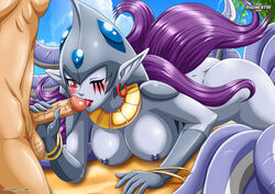 1boy 1boy1girl 1girls ass beach big_ass big_breasts blush bracelet bracelets breasts calamaramon calmaramon dat_ass digihentai digimon digimon_(species) digimon_frontier digiphilia earrings faceless_male fellatio female gold gold_bracelet gold_bracelets gold_jewelry gold_necklace human interspecies jewelry licking_penis long_hair male nipples one_eye_closed pointy_ears purple_hair red_eyes squid_girl tentacle