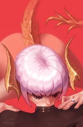 1boy 1girls ass au_ra dark-skinned_male deepthroat fellatio final_fantasy final_fantasy_xiv horns male_pov molly_skyfire nude oral penis pov raen red_background ring scales sex tail white_hair