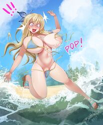 1girls beach besthetz big_breasts blonde_hair blue_bikini blue_eyes blue_nails boku_wa_tomodachi_ga_sukunai bouncing_breasts breasts butterfly_hair_ornament curvy feet huge_breasts plump_labia sena_kashiwazaki surprised wardrobe_malfunction wide_hips