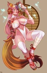 erect_nipples fox_ears fox_girl fox_mask fox_tail huge_breasts kitsune long_hair original original_character pink_hair ramartwork tattoo voluptuous