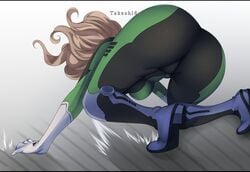 1girls all_fours ass ass_focus big_ass big_butt blonde_hair bodysuit clothed edens_zero kneeling rebecca_bluegarden solo takeshi61_(artist)