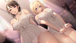 2girls blonde_hair brown_hair censored dorei_himekishi_to_dorei_jijo_to_no_slow_life eleanor_(dorei_himekishi_to_dorei_jijo_to_no_slow_life) farna_(dorei_himekishi_to_dorei_jijo_to_no_slow_life) game_cg masami_chie no_bra panties purple_eyes pussy see_through underwear waffle