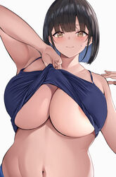 absurdres arm_up armpits bangs black_hair blue_shirt blunt_bangs blush bowl_cut breasts brown_eyes cleavage closed_mouth crop_top embarrassed facing_viewer female hand_on_own_shoulder highres huge_breasts lifted_by_self looking_at_viewer midriff navel neneneji no_bra original plump shirt shirt_lift short_hair simple_background sleeveless sleeveless_shirt solo stomach sweatdrop tank_top underboob upper_body white_background