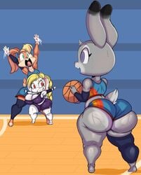 absurd_res anthro ass ass_eating_shorts big_breasts big_butt blonde_hair bodily_fluids bottom_heavy breasts broodal cleavage clothed clothing disney female hair hariet_(mario) hi_res huge_ass huge_butt judy_hopps lagomorph large_breasts larger_female leporid lola_bunny looney_tunes mammal mario_(series) nintendo purple_yoshi_draws rabbit shorts shortstack size_difference smaller_female super_mario_odyssey sweat thick_thighs trio video_games warner_brothers zootopia