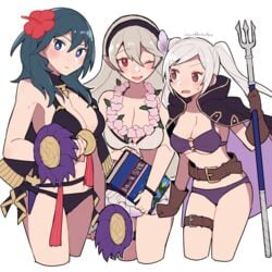 3girls alternate_costume bangs belt belt_buckle bikini black_bikini black_swimsuit blue_eyes blue_hair blush book breasts brown_eyes brown_gloves buckle byleth_(fire_emblem) byleth_(fire_emblem)_(female) byleth_(summer)_(fire_emblem)_(female) cape cleavage collarbone corrin_(fire_emblem) corrin_(fire_emblem)_(female) corrin_(summer)_(fire_emblem)_(female) do_m_kaeru eyebrows_visible_through_hair female female_only fire_emblem fire_emblem:_three_houses fire_emblem_awakening fire_emblem_fates fire_emblem_heroes flower flower_necklace gloves grey_hair hair_between_eyes hair_flower hair_ornament hairband hibiscus holding holding_book holding_weapon jewelry knife large_breasts long_hair looking_at_another looking_at_viewer manakete medium_breasts multiple_girls navel necklace nintendo o-ring o-ring_bikini o-ring_top official_alternate_costume one_eye_closed open_mouth pink_flower pointy_ears polearm purple_bikini purple_cape purple_swimsuit red_eyes red_flower robin_(female)_(summer)_(fire_emblem) robin_(fire_emblem) robin_(fire_emblem)_(female) serious sheath sheathed sidelocks simple_background smile sweatdrop swimsuit teal_hair trait_connection trident twintails twitter_username weapon white_background white_bikini white_hair white_swimsuit