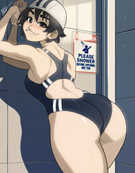 asian ass athletic_female big_ass black_eyes black_hair bubble_butt cap capcom dat_ass female_only fit_female indoors inviting leaning_against_wall looking_back_at_viewer one-piece_swimsuit presenting_ass sakura_kasugano seductive seductive_smile short_hair showers smile solo solo_female street_fighter swimming_cap swimsuit teasing tomboy triplexmile very_short_hair