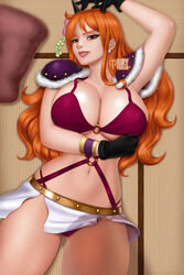 1girls beast_pirates beast_pirates_(cosplay) bikini cleavage female female_only flower_in_hair gloves huge_breasts iury_padilha long_hair looking_at_viewer lying_on_back nami one_piece orange_hair seductive_smile shoulder_pads solo voluptuous