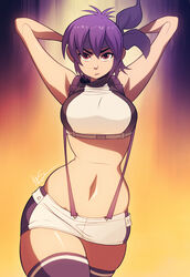 armpits ayane_(doa) child_bearing_hips dead_or_alive hairbow hourglass_figure large_breasts looking_at_viewer miniskirt purple_hair red_eyes short_hair stockings suspenders tank_top thunder_thighs triplexmile wide_hips