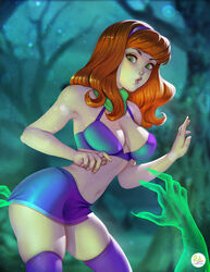 1girls artist_logo artist_name bra cleavage cropped_legs daphne_blake didi_esmeralda female female_focus forest_background front_view fully_clothed ghost ghost_hands ghosts green_eyes hanna-barbera long_hair medium_breasts miniskirt orange_hair revealing_clothes scarf scooby-doo skirt stockings thick_thighs voluptuous