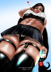 1girls black_hair brown_eyes final_fantasy final_fantasy_vii huge_breasts laffinityl lingerie long_hair looking_at_viewer looking_down low-angle_view miniskirt solo solo_female tifa_lockhart underwear upskirt viewed_from_below