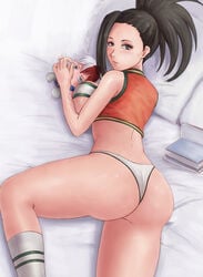 ass black_hair blush bubble_butt cheerleader large_breasts looking_at_viewer lying_on_bed momo_yaoyorozu my_hero_academia neileenre no_skirt pillow socks thick_thighs thong voluptuous