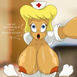 animaniacs areola areolae bent_over big_breasts big_nipples blonde blonde_hair blue_eyes breasts breasts_out cartoonfan402 clevage dress dress_down female flashing flashing_breasts hello_nurse hips huge_breasts large_areolae large_breasts lipstick nipples nurse nurse_cap nurse_hat nurse_uniform red_lipstick white_dress