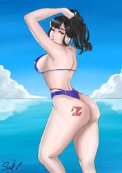 1girls ass beach bikini black_hair brown_eyes bubble_butt butt chichi dragon_ball dragon_ball_z large_breasts long_hair milf outside salsdraws seaside thick_thighs thong