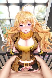 arm_support banglinh1997 blush breasts censored cleavage cum female large_breasts looking_at_viewer male male_pov mosaic_censoring nopan penis pov pussy railing ripped_clothes ripped_clothing rwby sex standing torn_clothes vaginal_penetration yang_xiao_long