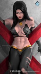 abs bare_shoulders black_hair cleavage evandromenezes fit_female large_breasts laura_kinney long_hair marvel marvel_comics ripped_pants torn_clothes viewed_from_above x-23 x-men