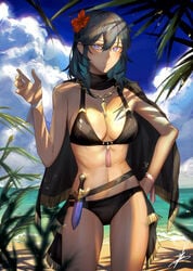 1girls alternate_costume bangs bikini black_bikini black_capelet black_swimsuit blue_eyes blue_hair blue_sky breasts byleth_(fire_emblem) byleth_(fire_emblem)_(female) byleth_(summer)_(fire_emblem)_(female) capelet cleavage closed_mouth cloud collarbone cowboy_shot dagger day eyebrows_visible_through_hair female fire_emblem fire_emblem:_three_houses fire_emblem_heroes flower glint groin hair_between_eyes hair_flower hair_ornament hand_on_hip hand_up highres jewelry knife long_hair looking_at_viewer medium_breasts midriff navel necklace nintendo ocean outdoors palm_leaf shadow sheath sheathed sidelocks signature single_bare_shoulder sky smile solo standing swimsuit toho10min waist_cape weapon wrist_wrap