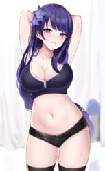 1girls armpits beauty_mark belly belly_button big_breasts braided_hair breasts busty censored cleavage clothing crop_top female female_only genshin_impact hair looking_at_viewer micro_shorts midriff mosaic_censoring navel purple_eyes purple_hair raiden_shogun shengtian shorts smile sportswear sweat thighhighs