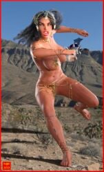 1girls 3d a_princess_of_mars angry attack barefoot black_hair dejah_thoris gold_jewelry gold_pasties hazel_eyes john_carter_of_mars large_breasts long_hair lots_of_jewelry nathanomir outside pasties photo_background royalty signature sword text