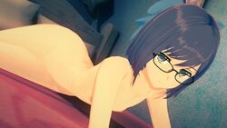 1girls 3d a-chan_(hololive) blue_eyes blue_hair female flat_chest glasses hair_ribbon hololive hololive_staff koikatsu light-skinned_female naked nude nude_female virtual_youtuber wataamage