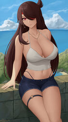 1girls 2020s 2021 armpit_crease beidou_(genshin_impact) belly_button black_panties black_underwear blue_sky breasts brown_hair casual_clothes cleavage clouds coast denim_shorts detailed_background earrings ecstasy eyebrows_visible_through_hair eyepatch female female_focus female_only front_view g-string genshin_impact hi_res highleg highleg_panties huge_breasts jean_shorts leaning_back legs_together long_hair looking_at_viewer manga navy_blue_bottomwear necklace ocean outdoors panties red_eyes sand seductive seductive_smile shiny_hair short_shorts shorts sitting smile solo solo_female tank_top thick_thighs thigh_strap thighs tomboy very_long_hair water white_tank_top white_topwear zaphn