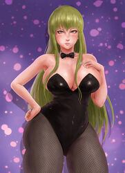 bowtie bunnysuit c.c. cleavage code_geass curvy green_hair huge_breasts long_hair looking_at_viewer neileenre pantyhose voluptuous