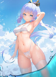 1girls armpits bikini blue_eyes breasts female female_only fuenyuan genshin_impact highleg_panties kamisato_ayaka looking_at_viewer medium_breasts ponytail sky thick_thighs thighhighs thighs underboob white_hair