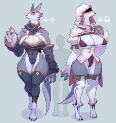 2021 2girls big_breasts blue_eyes blush breasts capcom cleavage clothed clothing duo_focus esokir female fur furry humanoid kamura_(armor) khezu_(armor) large_breasts leotard mammal monster_hunter monster_hunter_rise palamute rikose standing tail taller_female thick_thighs