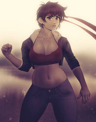 brown_eyes brown_hair capcom cleavage crop_top headband jeans large_breasts open_jacket sakura_kasugano short_hair street_fighter tomboy triplexmile very_short_hair