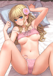 areola_slip areolae armpits bed bed_sheet blonde_hair blue_eyes blush bra breast_slip breasts breasts_apart cameltoe camisole clothed_female clothing erect_nipples eyebrows eyebrows_visible_through_hair female female_only flower hair_flower hair_ornament high_resolution homunculus_(artist) lingerie long_hair looking_at_viewer lying medium_breasts mound_of_venus navel nipple_slip nipples nose_blush on_back on_bed pale-skinned_female pale_skin pantsu pillow pillow_grab pink_panties side-tie_panties skin_tone_nipples smile solo spread_legs stomach string_panties sweat tears underboob undercover_brothers underwear underwear_band very_high_resolution wardrobe_malfunction