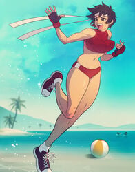 abs action_pose athletic_female bandana beach beach_ball big_breasts bloomers bouncing_breasts brown_eyes brown_hair buruma capcom cute day droplets fingerless_gloves fit_female footwear handwear headband headwear human jogging large_breasts looking_to_the_side outdoors pale_skin palm_tree running sakura_kasugano seaside shoreline short_hair sneakers solo_female sports_bra sportswear street_fighter teenage_girl teenager tomboy toned_female triplexmile tropical_setting very_short_hair waving yelling