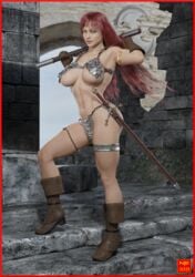 1girls 3d battle_axe blue_eyes boots chainmail chainmail_bikini gloves large_breasts loincloth looking_at_viewer nathanomir red_hair red_sonja red_sonja_(comics) sword thighlet