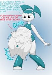 2girls big_belly body_outline breast_imprints clothing digestion face_imprint female/female female_pred female_prey hand_imprints jackheretherealone jenny_wakeman my_life_as_a_teenage_robot oral_vore robot stomach_noises tiff_crust vore xj-9 yuri