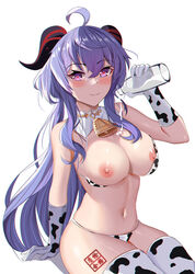 1girls absurdres ahoge animal_print areolae bangs bell bikini bikini_pull blush bottle breasts chinese_commentary chushou_jiang closed_mouth clothes_pull commentary_request cow_bikini cow_print cowbell detached_collar elbow_gloves eyebrows_visible_through_hair female ganyu_(genshin_impact) genshin_impact gloves goat_horns hair_between_eyes heart heart-shaped_pupils highres holding holding_bottle horns large_breasts looking_at_viewer milk milk_bottle navel neck_bell nipples pouring pouring_on_self pouring_onto_self purple_eyes purple_hair saya-aya simple_background sitting smile solo stamp suggestive_fluid swimsuit symbol-shaped_pupils thighhighs white_background