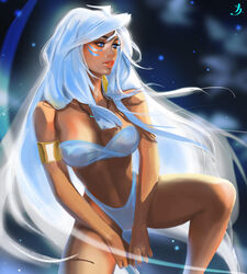 1girls armlet atlantis:_the_lost_empire bikini blue_eyes dark-skinned_female disney kida large_breasts long_hair royalty squatting tattiart white_hair