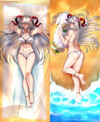 1girls alternate_costume ass back bare_back bare_legs beach bikini blush cleavage dakimakura fire_emblem fire_emblem_heroes freyja_(fire_emblem) freyja_(summer)_(fire_emblem) goat grey_hair hocen horns hug incoming_hug large_ass large_breasts looking_at_viewer looking_back nintendo ocean on_back on_towel plushie red_eyes red_horns seaside sideboob smile swimsuit towel very_long_hair white_bikini white_swimsuit