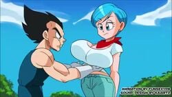 1boy 1boy1girl 1girls animated black_hair blue_eyes blue_hair blue_jeans blue_jumpsuit bulma_briefs dragon_ball dragon_ball_super dragon_ball_z fat_ass fondling fondling_breast fully_clothed funsexydragonball gloves huge_breasts large_ass large_breasts outdoors red_scarf saiyan shounen_jump sound sound_edit sound_effects thekaimaster07 vegeta video white_shirt