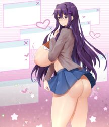 1girls areolae ass bangs blue_skirt breasts breasts_out_of_clothes brown_sweater clothing cowboy_shot doki_doki_literature_club female female_only grey_jacket hair_between_eyes hair_intakes hair_ornament heart hi_res jacket large_areolae large_ass large_breasts long_hair looking_at_viewer miniskirt nipples pleated_skirt purple_eyes purple_hair sinensian skirt smile solo standing sweater thick_thighs thighs voluptuous yuri_(doki_doki_literature_club)