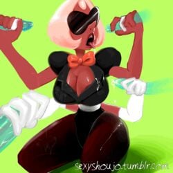 animated blowbang bowtie breasts cartoon_network cleavage cum dark-skinned_female female gem_(species) gem_fusion gloves handjob mouth_open multiple_penises open_mouth partial_male quadruple_handjob sardonyx_(steven_universe) sexyshoujo shades sleeveless steven_universe surrounded_by_penises