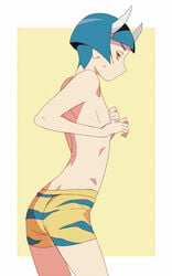 blue_hair bowl_cut ebisugawa_kinkaku horns ikagakawa looking_at_viewer looking_back male male_only oni oni_horns solo sweatdrop tight_clothing topless topless_male twink uchouten_kazoku underwear underwear_only