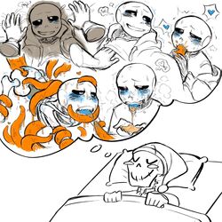 blue_blush blush cum cum_in_mouth dream dreaming gay groping incest kabedon male male/male male_only orange_cum orange_tentacles papyrus penetration pinned_against_wall sans shirt_lift sympharin symphysins tentacle tentacle_sex tentacles undertale wet_dream