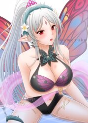 1girls alternate_costume amezuku arm_under_breasts black_swimsuit cleavage collarbone fairy fairy_wings fire_emblem fire_emblem_heroes grey_hair large_breasts looking_at_viewer nintendo one-piece_swimsuit open_mouth partially_submerged plumeria_(fire_emblem) plumeria_(summer)_(fire_emblem) pointy_ears ponytail red_eyes silver_hair sitting solo spread_legs swimsuit very_long_hair water