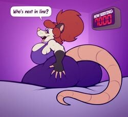 anthro ass big_ass big_breasts big_butt breasts clothed clothing dialogue didelphid english_text female fur furry furry_only hi_res huge_breasts large_breasts looking_back mammal marsupial panty_lines sitting solo stunnerpony tail tania_tlacuache text virginia_opossum yoga_pants