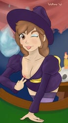 blackjack_dealer brown_eyes brown_hair makeup ni_no_kuni tongue_out vulture_(artist) witch witch_hat