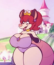 2018 anthro big_breasts breasts castle choker cleavage clothed clothing collar crown didelphid eyeshadow female fur furry furry_only hi_res huge_breasts jewelry large_breasts leotard lipstick makeup mammal mario_(series) marsupial necklace new_super_mario_bros._u_deluxe nintendo princess purple_eyeshadow purple_lipstick royalty solo stunnerpony super_crown tail tania_tlacuache thick_thighs thunder_thighs video_games virginia_opossum wide_hips