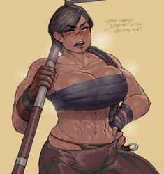 1girls 2019 abs big_breasts blush breasts cleavage female for_honor heavy_blush krekk0v looking_at_viewer muscular_female raider_(for_honor) rule_63 sideboob solo_female sweat talking_to_viewer tan-skinned_female tan_skin