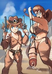 2futas balls belt big_breasts big_penis blonde_hair breasts brown_hair chaps claire_(zestysauce) clothed clothing cowboy cowboy_hat cowgirl_outfit duo erect_nipples futa_only futanari glasses hat huge_cock human hyper_penis light-skinned_futanari light_skin long_hair marisa_(zestysauce) nipples_visible_through_clothing no_bra no_panties original_character pale_skin partially_clothed penis precum reins revolver standing thighhighs western zestysauce