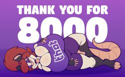 anthro big_breasts breasts cleavage clothed clothing didelphid english_text eyeshadow female fur furry furry_only hi_res huge_breasts large_breasts lying makeup mammal marsupial purple_eyeshadow solo stunnerpony tail tania_tlacuache text thick_thighs tight_clothing tongue tongue_out virginia_opossum