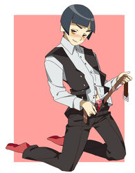 black_hair blush bowl_cut ebisugawa_kinkaku full_body fully_clothed ikagakawa kneeling looking_at_viewer male male_only pink_background smile smirk solo uchouten_kazoku unbuckled_belt undressing